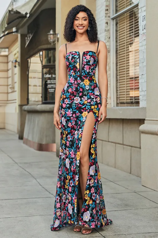 Mermaid Spaghetti Straps Embroidered Black Flower Prom Dress With Side Slit sold by Wedtrend