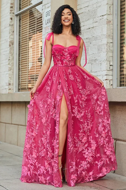 Fuchsia A-Line Spaghetti Straps Split Prom Dress with 3D Appliques sold by Wedtrend