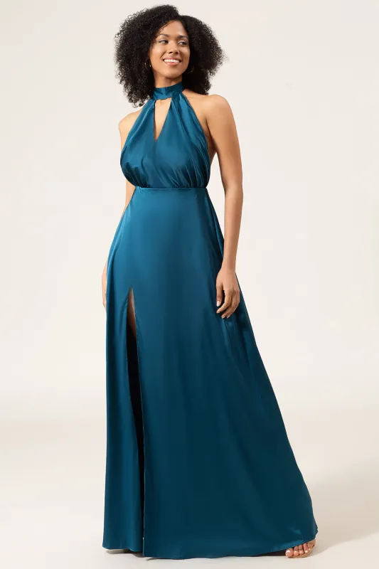 Peacock A-Line Halter Neck Floor Length Bridesmaid Dress with Slit made by Wedtrend