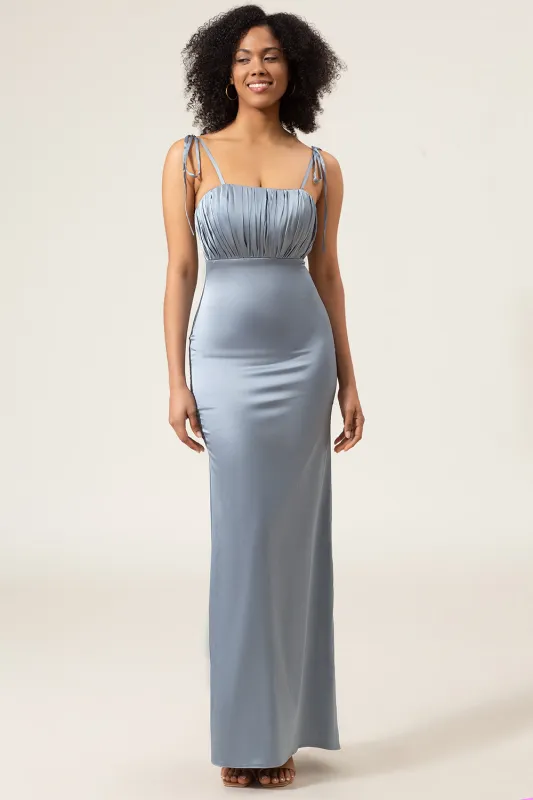 Dusty Blue Sheath Spaghetti Straps Satin Pleated Floor-Length Bridesmaid Dress sold by Wedtrend