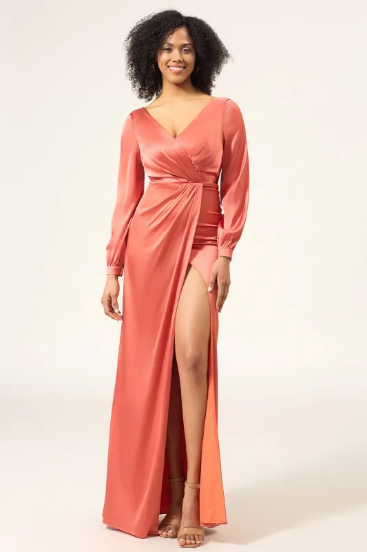 Terracotta A-Line V-Neck Satin Bridesmaid Dress With Slit sold by Wedtrend