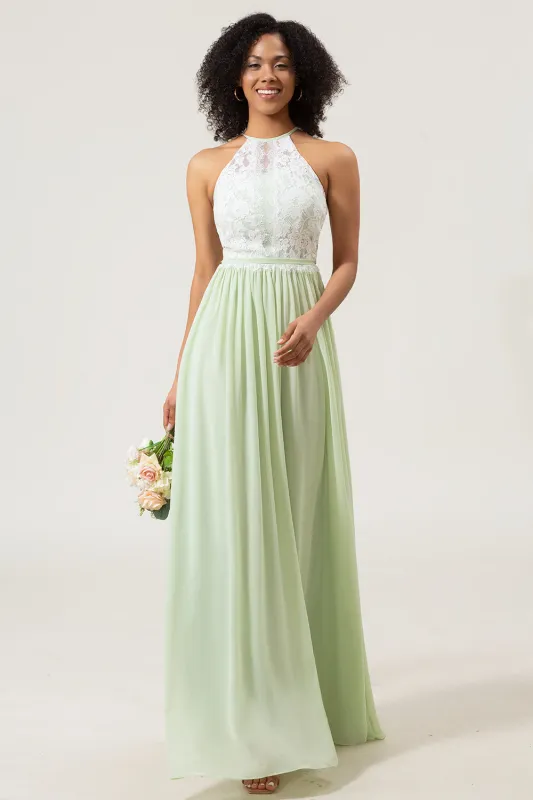A-Line Halter Neck Dusty Sage Lace and Chiffon Long Bridesmaid Dress sold by Wedtrend