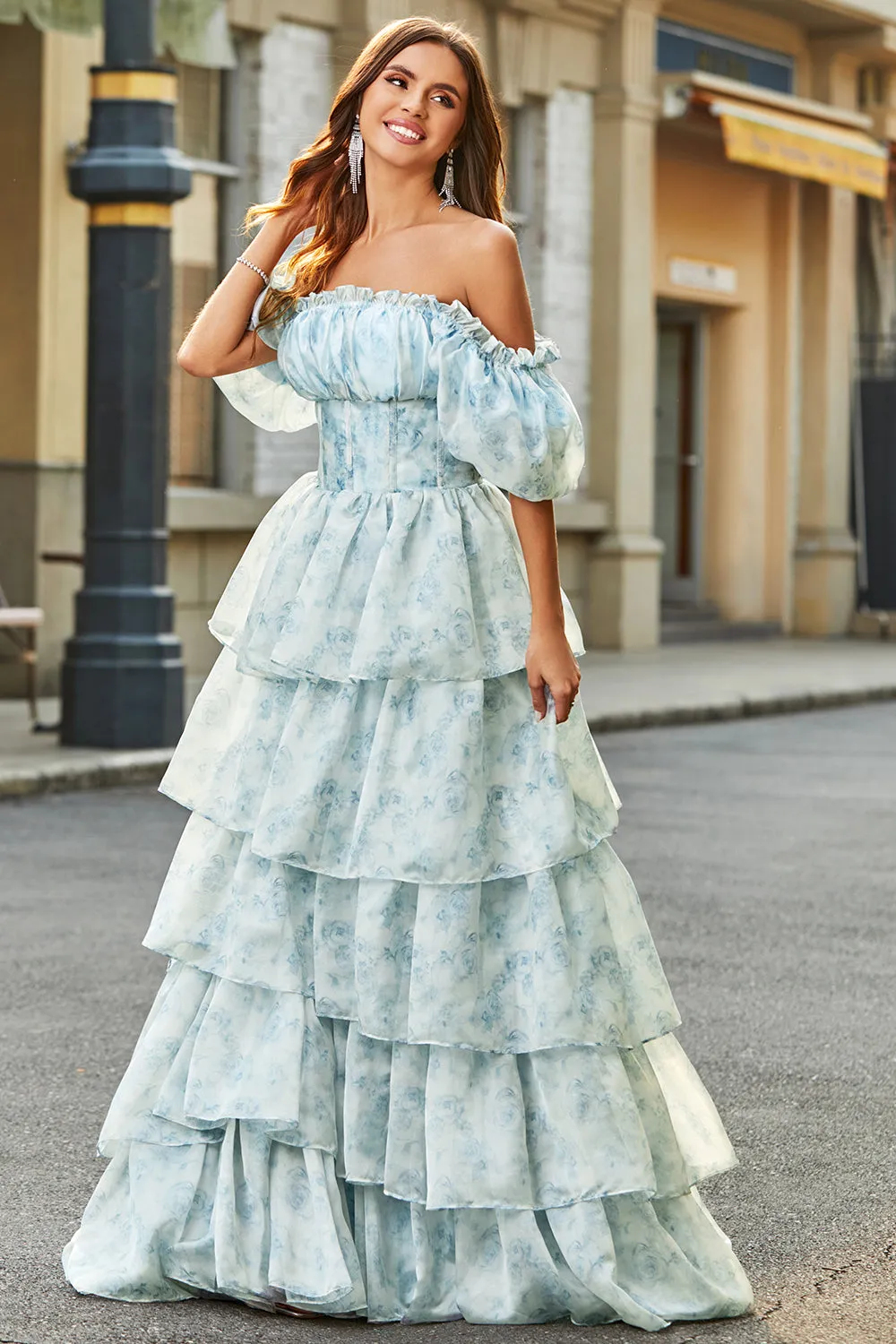 Light Blue A-Line Off The Shoulder Tiered Corset Prom Dress With Puff Sleeves sold by Wedtrend