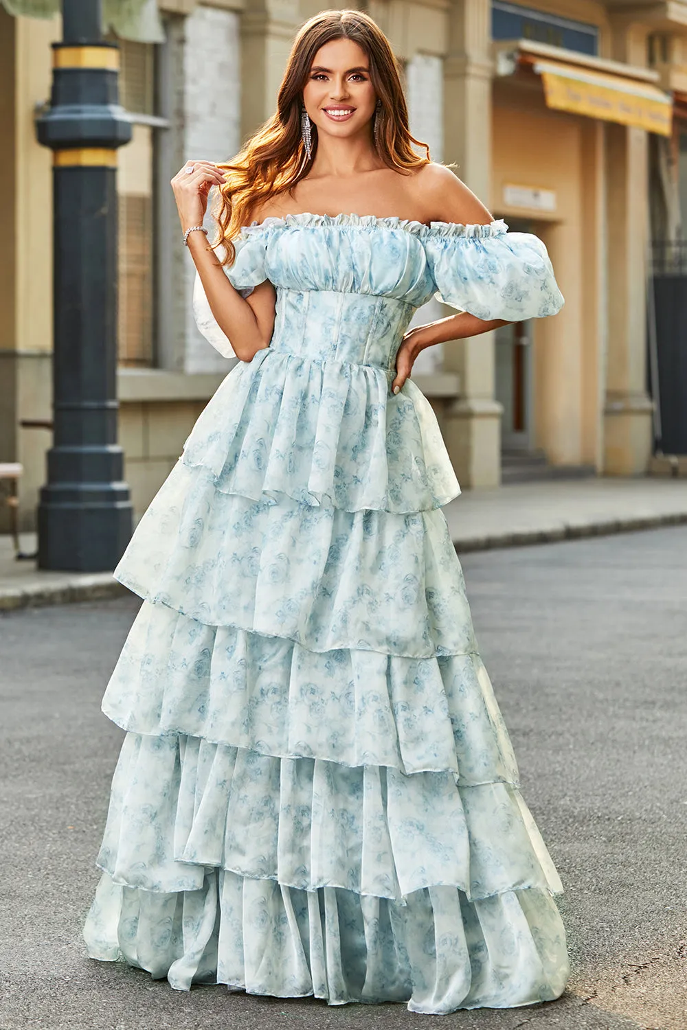 Light Blue A-Line Off The Shoulder Tiered Corset Prom Dress With Puff Sleeves sold by Wedtrend product image thumbnail 4