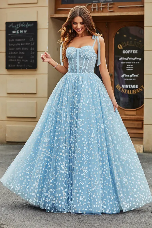 Sky Blue Ball-Gown Spaghetti Straps Corset Long Prom Dress With Floral made by Wedtrend