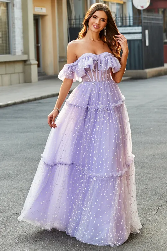 Lilac Princess A-Line Off The Shoulder Pleated Tiered Long Prom Dress sold by Wedtrend