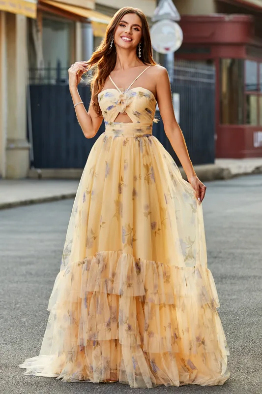 Champagne A-Line Halter Print Floral Pleated Tulle Tiered Long Prom Dress sold by Wedtrend