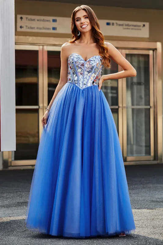Royal Blue A-Line Sweetheart Broken Mirrors Corset Long Prom Dress made by Wedtrend