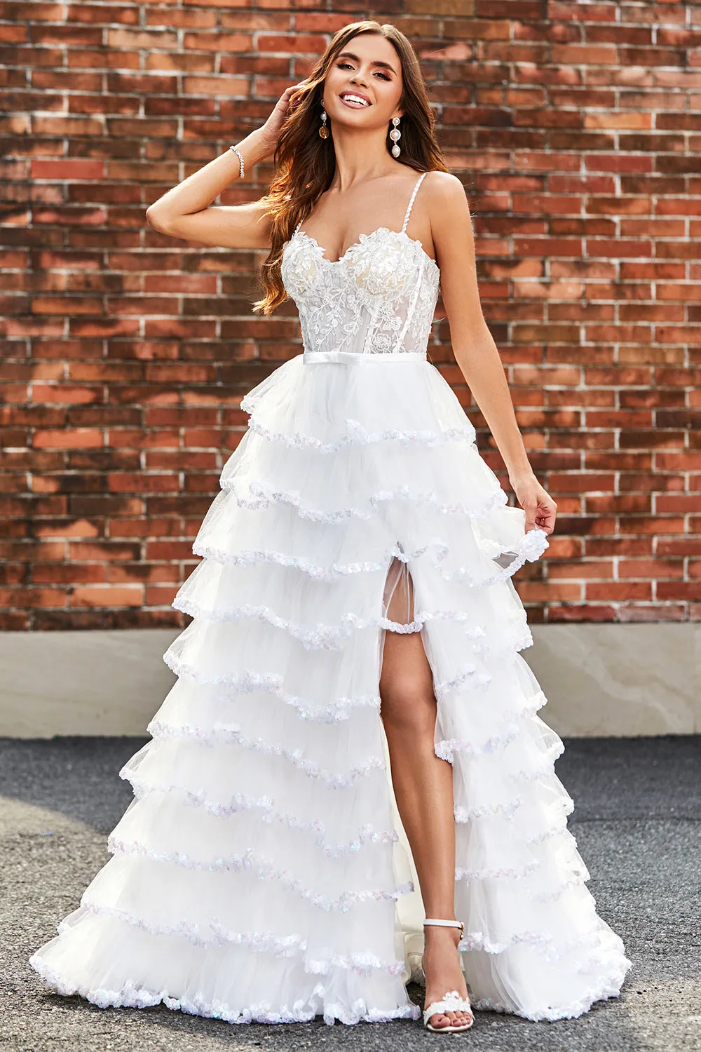 White Princess Lace Beaded Ruffle Tiered Long Prom Dress with Slit sold by Wedtrend product image thumbnail 4