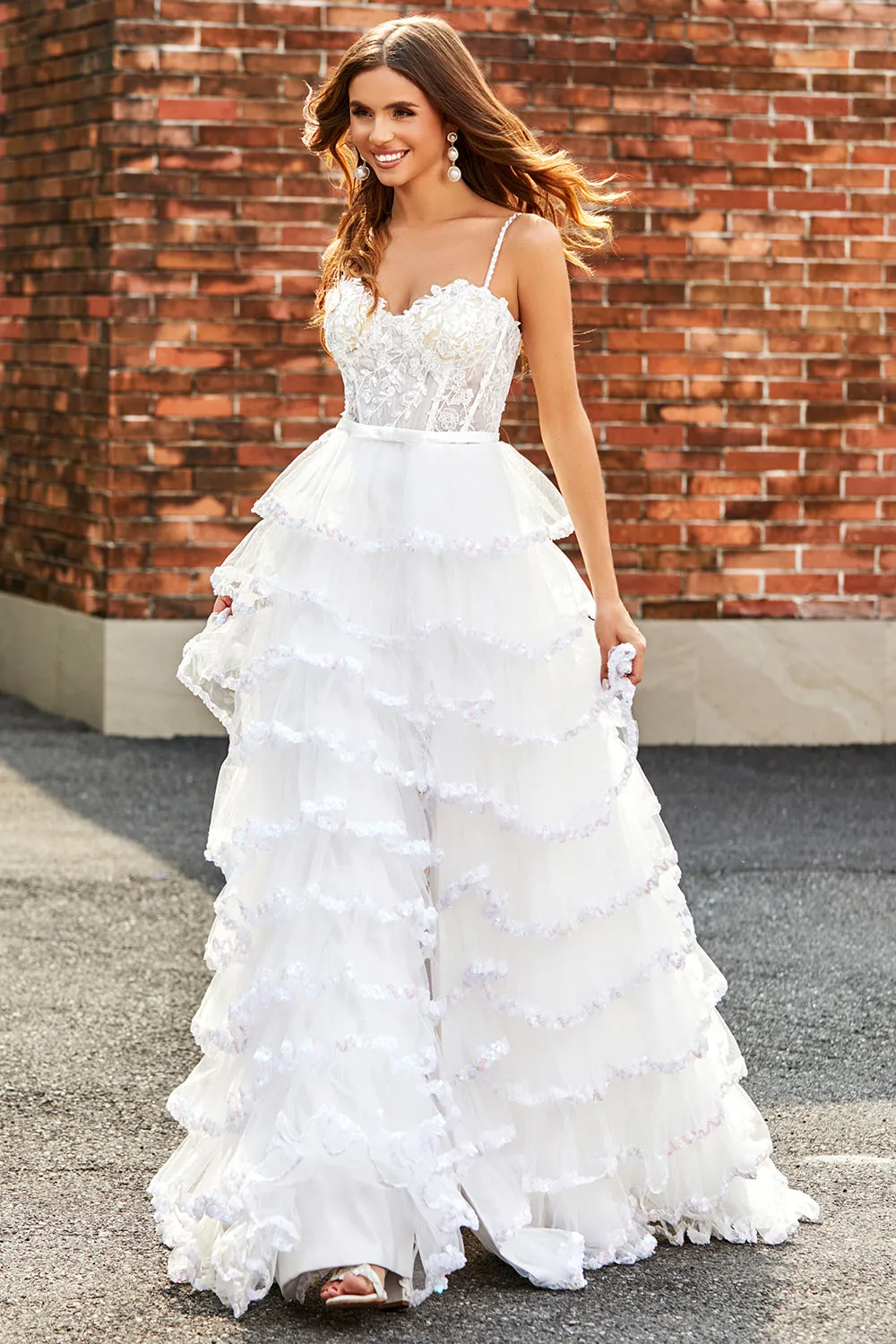 White Princess Lace Beaded Ruffle Tiered Long Prom Dress with Slit sold by Wedtrend product image thumbnail 5