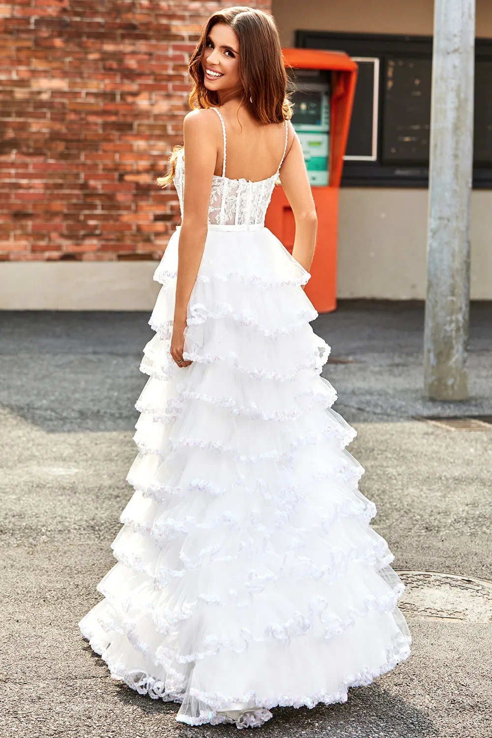White Princess Lace Beaded Ruffle Tiered Long Prom Dress with Slit sold by Wedtrend product image thumbnail 2