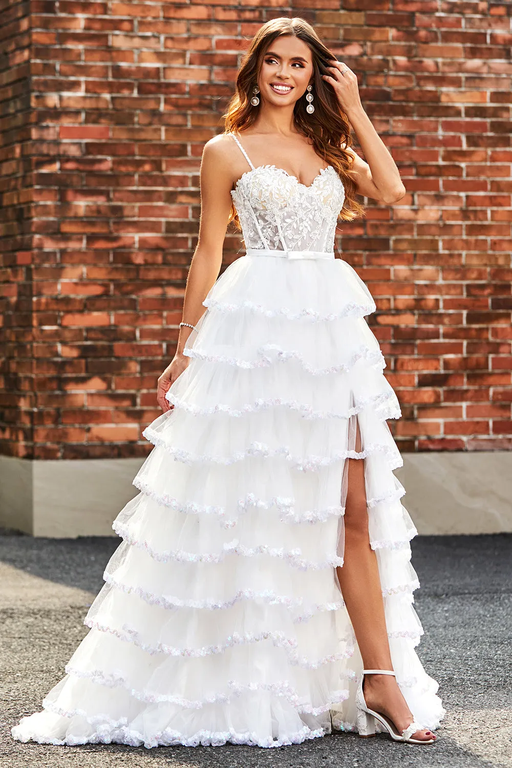 White Princess Lace Beaded Ruffle Tiered Long Prom Dress with Slit sold by Wedtrend
