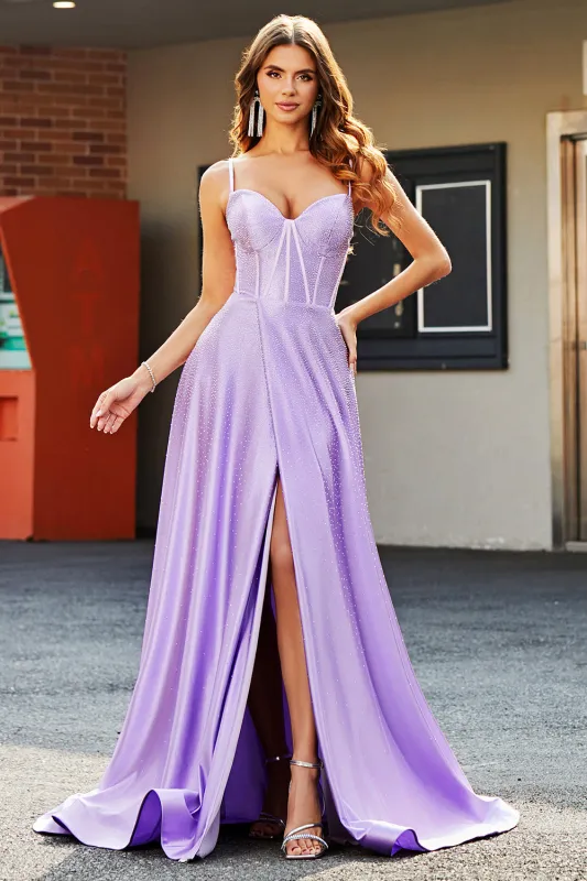 Sparkly Lilac A-Line Side Slit Corset Long Prom Dresses with Rhinestones made by Wedtrend