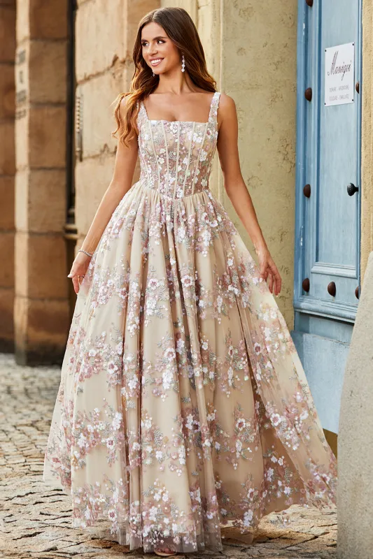 Champagne A-Line Princess Square Neck Corset Long Prom Dress with Embroidery made by Wedtrend