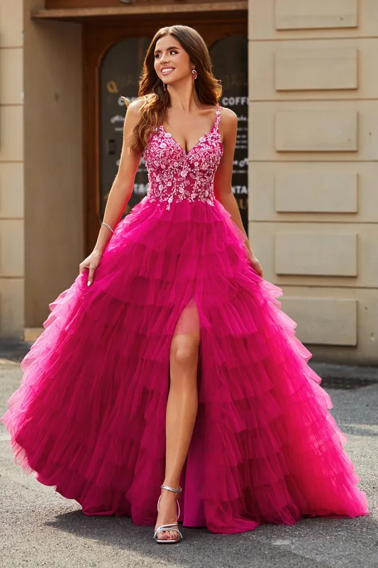 Fuchsia A-Line Spaghetti Straps Sparkly Beaded Tiered Long Prom Dress With Slit sold by Wedtrend