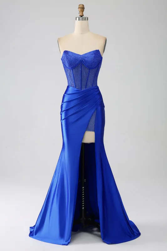 Royal Blue Mermaid Strapless Corset Beaded Prom Dress with High Slit sold by Wedtrend