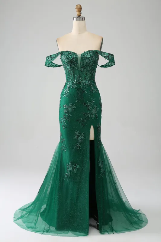 Mermaid Dark Green Off The Shoulder Applique Prom Dress with Slit sold by Wedtrend