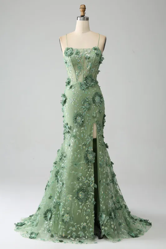 Green Mermaid Spaghetti Straps Corset Applique Long Prom Dress with Slit made by Wedtrend