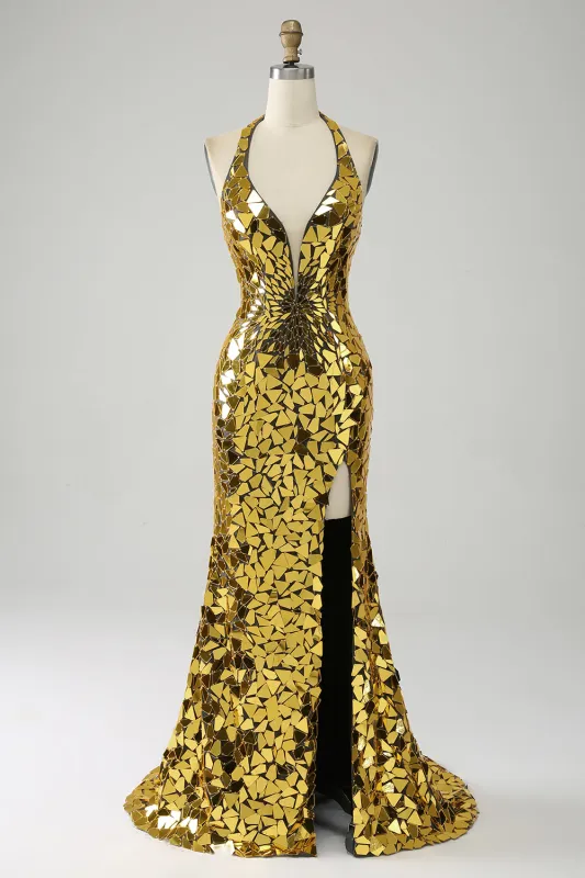 Golden Mermaid Halter Backless Mirror Prom Dress With High Slit made by Wedtrend