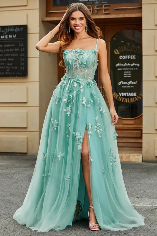 Green A-Line Spaghetti Straps Long Sparkly Applique Prom Dress With Slit sold by Wedtrend