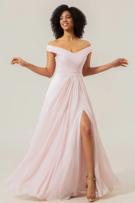 Blush Pink A-Line Off the Shoulder Chiffon Pleated Bridesmaid Dress with Slit made by Wedtrend