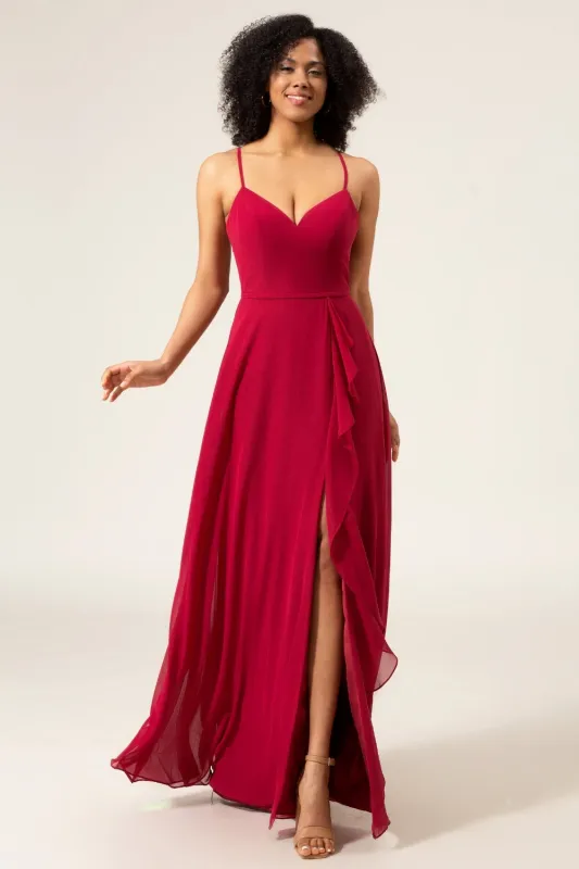 Burgundy A-Line Spaghetti Straps Long Chiffon Bridesmaid Dress with Slit Ruffles sold by Wedtrend