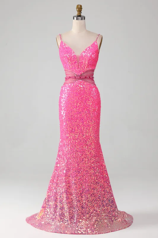 Hot Pink Mermaid Spaghetti Straps Glitter Prom Dress with Beading Waist made by Wedtrend