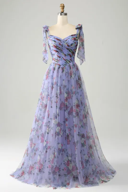 Lavender A-Line Off The Shoulder Floral Print Pleated Tulle Prom Dress sold by Wedtrend