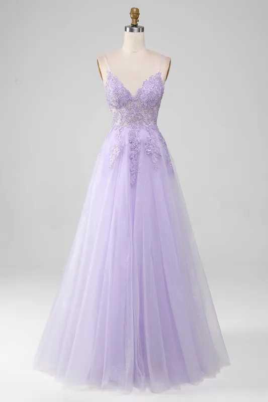 Light Purple A-Line Spaghetti Straps Long Sparkly Prom Dress With Beading sold by Wedtrend