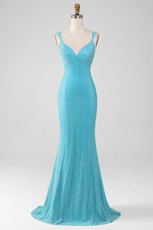 Turquoise Mermaid Spaghetti Straps Long Sparkly Prom Dress With Beading made by Wedtrend