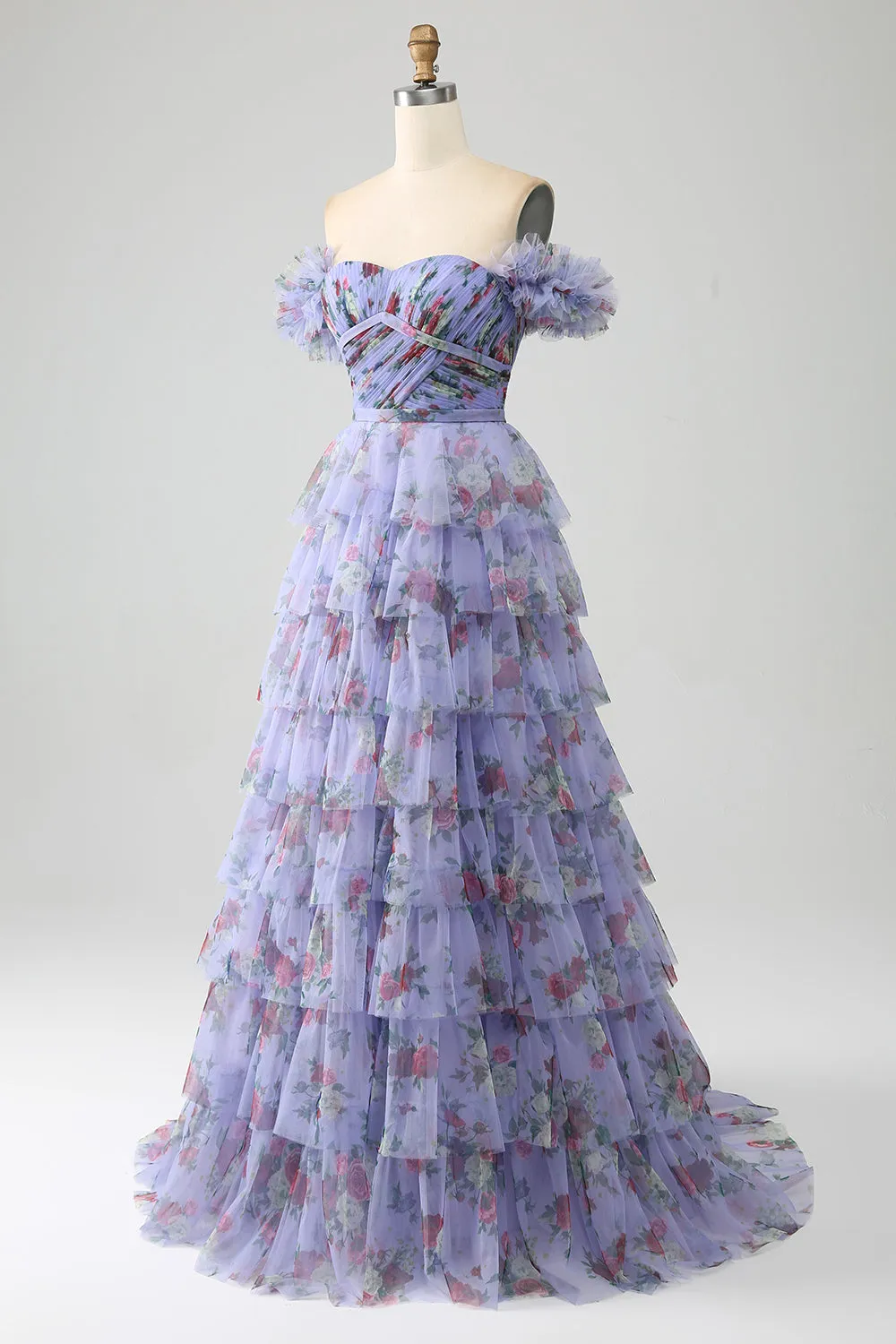 Lavender A-Line Off the Shoulder Floral Printed Tiered Prom Dress with Pleated sold by Wedtrend product image thumbnail 4
