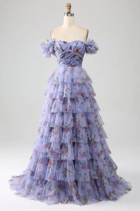 Lavender A-Line Off the Shoulder Floral Printed Tiered Prom Dress with Pleated made by Wedtrend