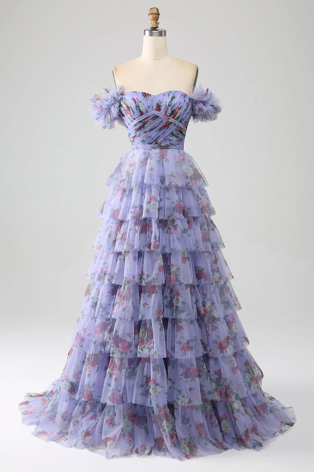 Lavender A-Line Off the Shoulder Floral Printed Tiered Prom Dress with Pleated sold by Wedtrend