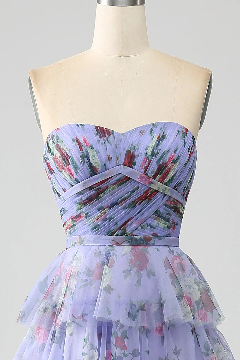 Lavender A-Line Off the Shoulder Floral Printed Tiered Prom Dress with Pleated sold by Wedtrend product image thumbnail 5