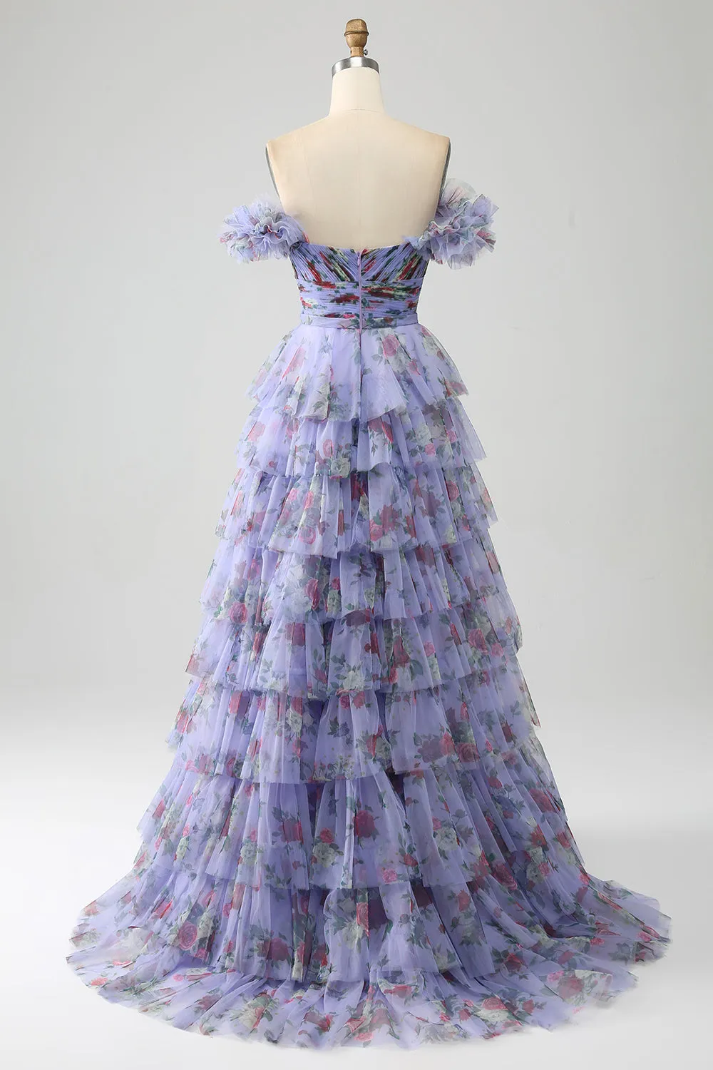 Lavender A-Line Off the Shoulder Floral Printed Tiered Prom Dress with Pleated sold by Wedtrend product image thumbnail 2