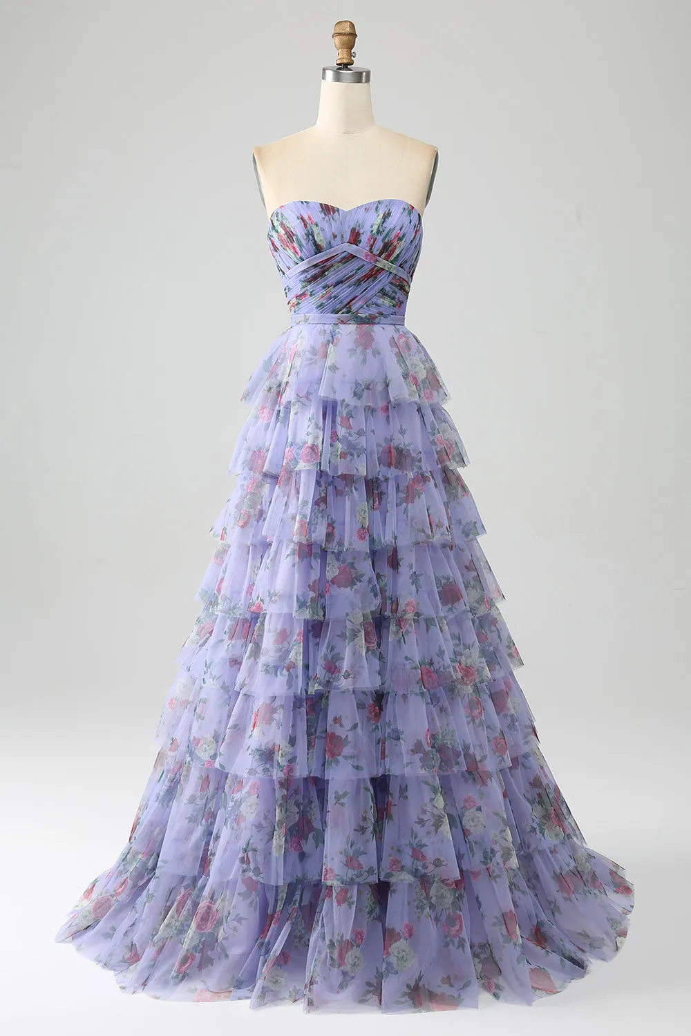 Lavender A-Line Off the Shoulder Floral Printed Tiered Prom Dress with Pleated sold by Wedtrend product image thumbnail 3
