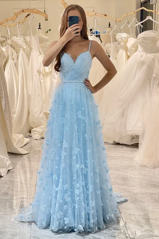 Sparkly Sky Blue A Line Spaghetti Straps Beaded Prom Dress with 3D Butterflies made by Wedtrend