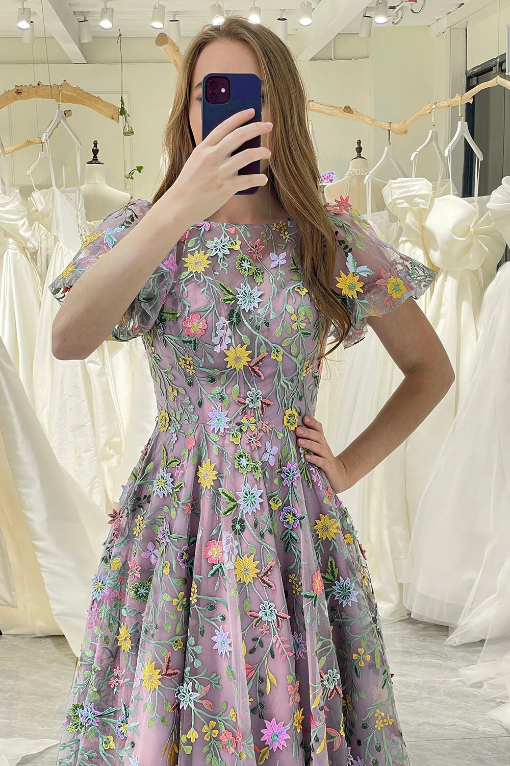 Mauve Princess A-Line Embroidered Long Prom Dress with Short Sleeves sold by Wedtrend product image thumbnail 3