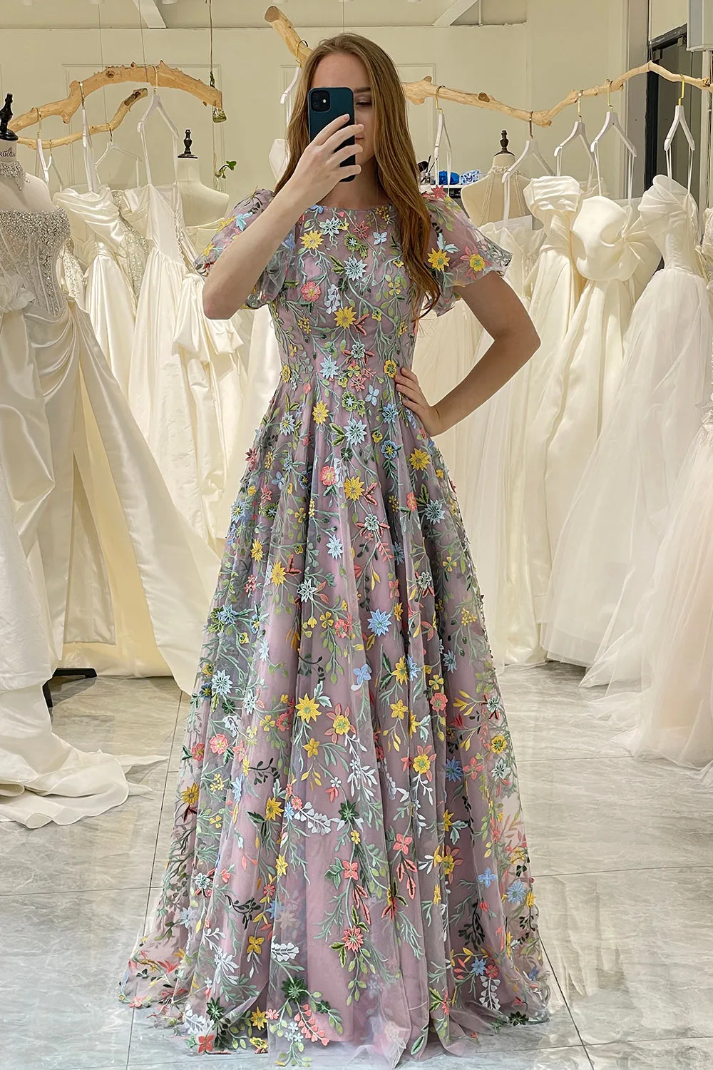 Mauve Princess A-Line Embroidered Long Prom Dress with Short Sleeves sold by Wedtrend
