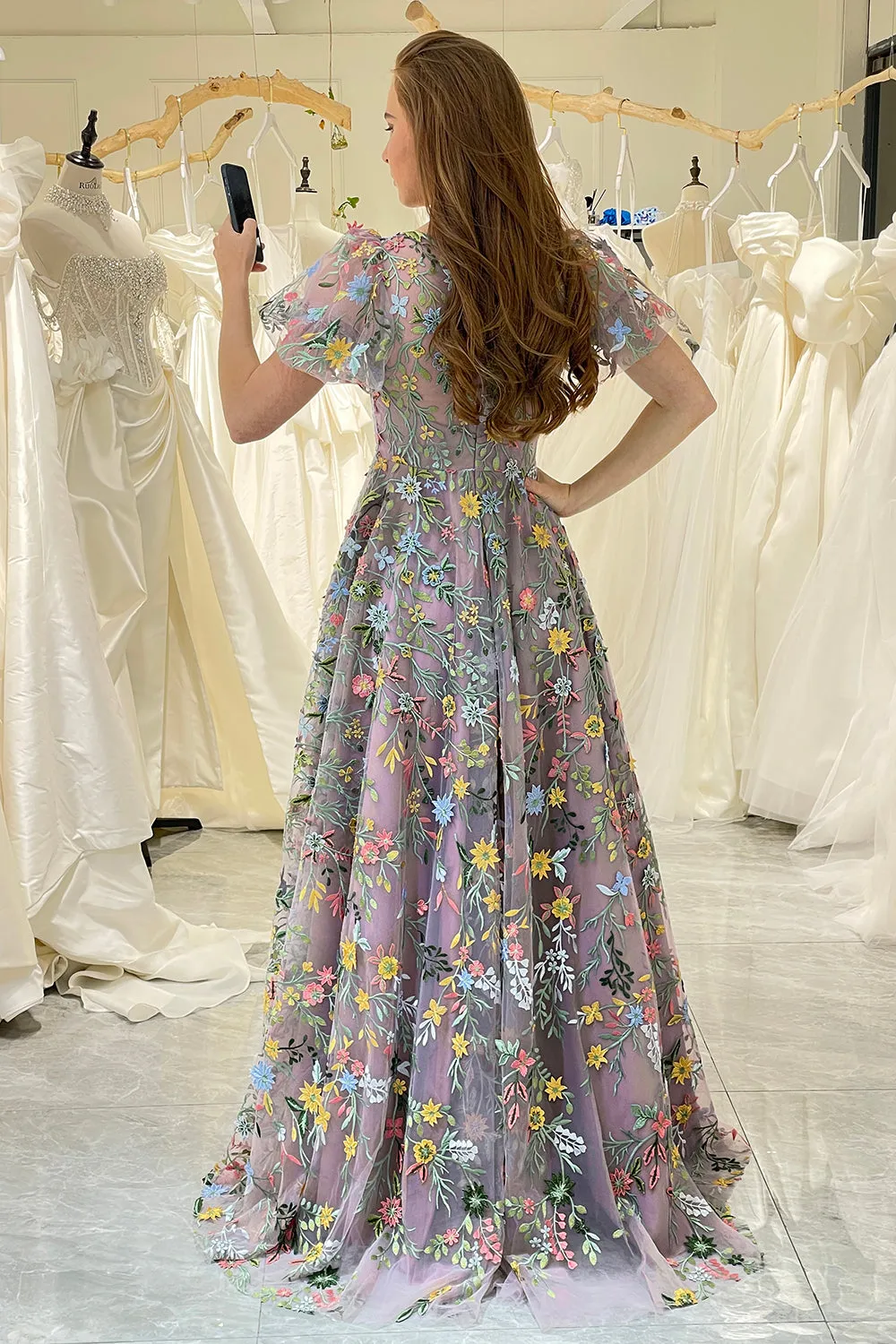 Mauve Princess A-Line Embroidered Long Prom Dress with Short Sleeves sold by Wedtrend product image thumbnail 2