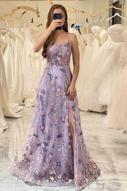 Mauve A Line Spaghetti Straps Front Slit Tulle Long Prom Dress With Embroidery made by Wedtrend