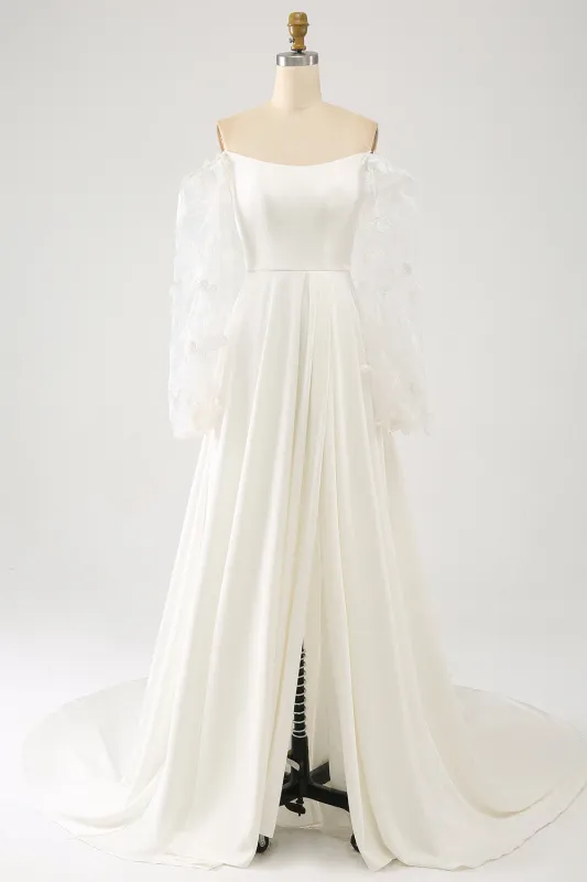 Ivory A Line Off The Shoulder Bridal Dress With 3D Butterflies Long Sleeves sold by Wedtrend