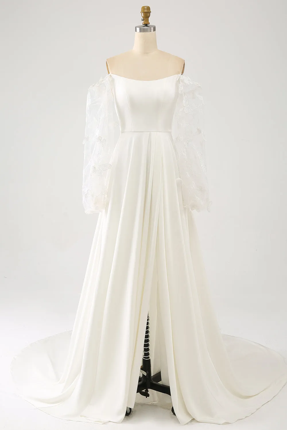 Ivory A Line Off The Shoulder Bridal Dress With 3D Butterflies Long Sleeves sold by Wedtrend