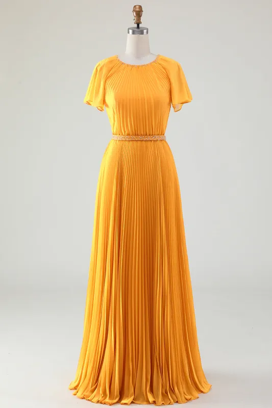 Yellow A Line Round Neck Pleated Mother of Bride Dress With Short Sleeves sold by Wedtrend