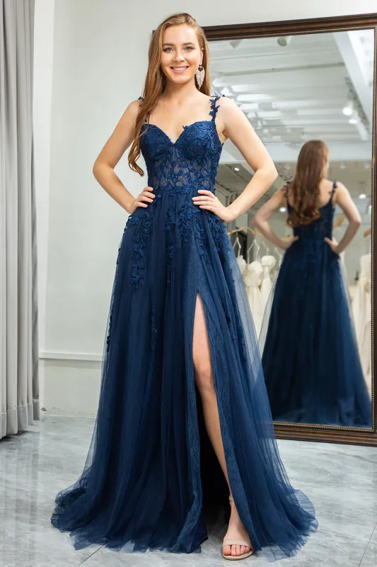 Navy A Line Spaghetti Straps Corset Tulle Long Prom Dress with Appliques made by Wedtrend