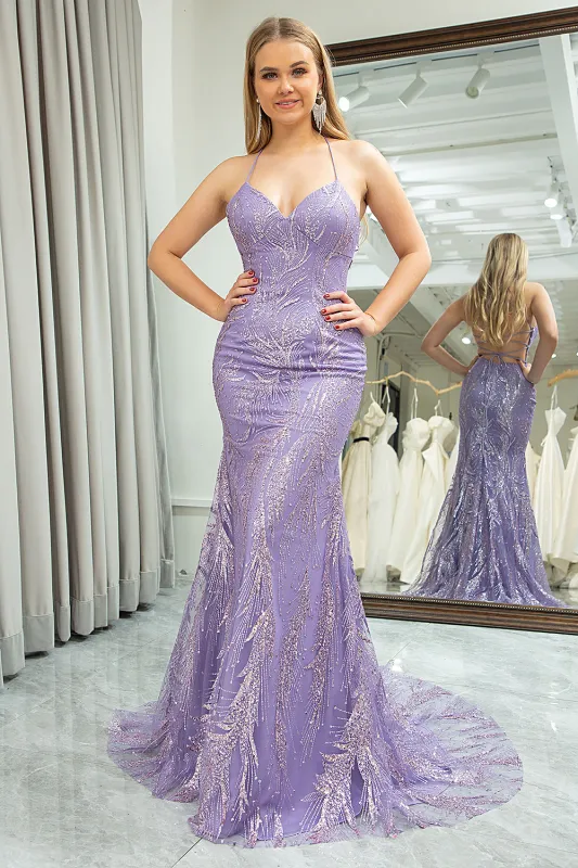 Lilac Mermaid Spaghetti Straps Glitter Sequins Long Prom Dress sold by Wedtrend