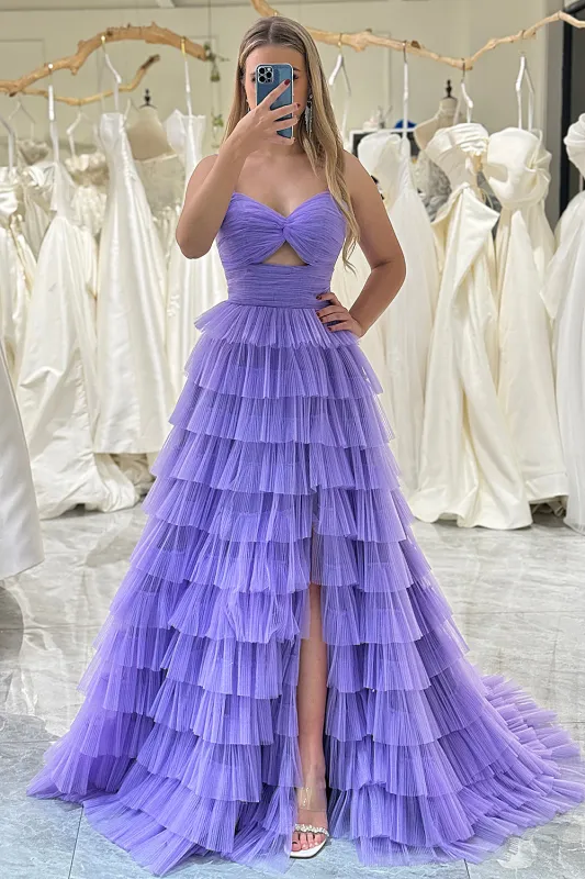 Purple A-Line Spaghetti Straps Tiered Long Tulle Prom Dress with Slit sold by Wedtrend