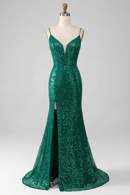 Dark Green Mermaid Sparkly Beaded Sequins Long Prom Dress with Slit made by Wedtrend