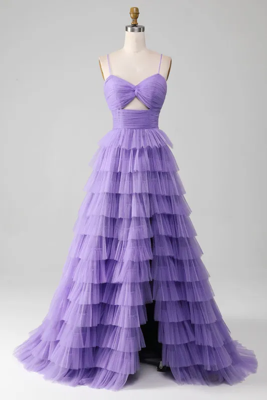Purple Tulle A-Line Spaghetti Straps Cut Out Tiered Long Prom Dress with Ruffle Slit made by Wedtrend