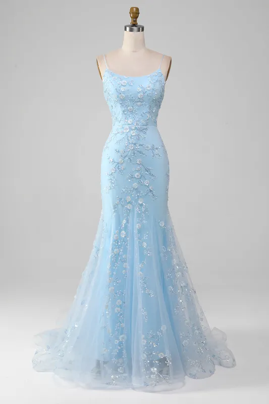Sparkly Light Blue Mermaid Beaded Long Prom Dress With Appliques made by Wedtrend